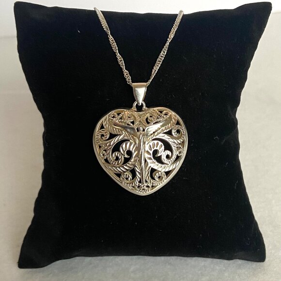 Steven Lavaggi Sterling Silver 925 Filigree Puffy Heart Angel Pendant Necklace - Picture 13 of 16